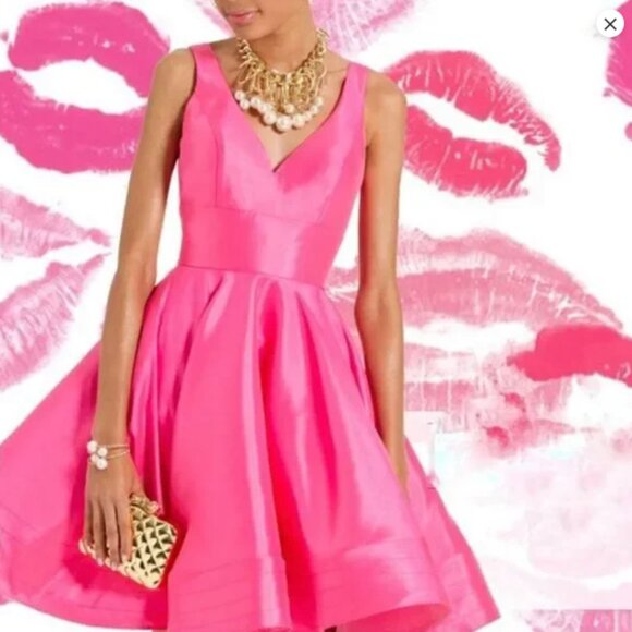 Mac Duggal V NECK FIT & FLARE MINI DRESS Lipstick Pink Sz 2 - Picture 1 of 4